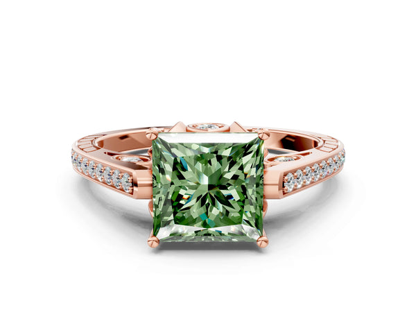 Rose gold Fancy Green Princess  Cut Cathedral Pave Diamond Engagement Ring with Six-Prong Setting