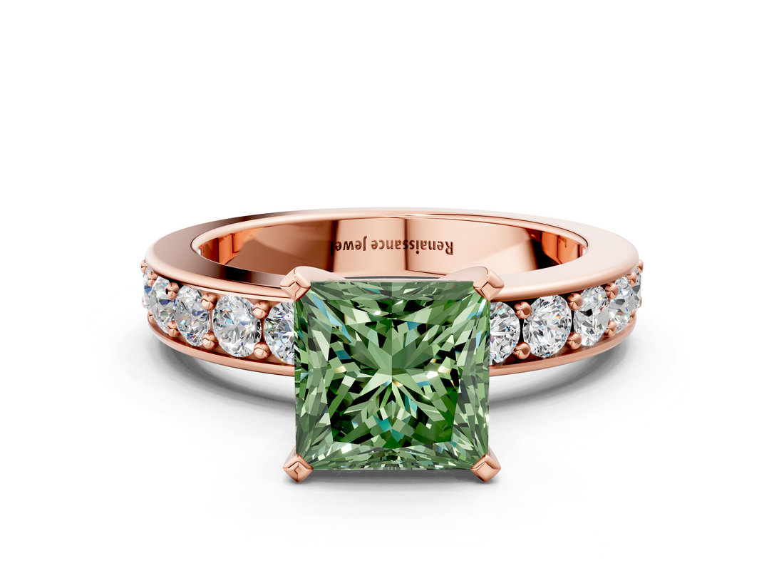 Rose gold Fancy Green Princess  Cut Channel Set Diamond Engagement Ring with Four-Prong Setting