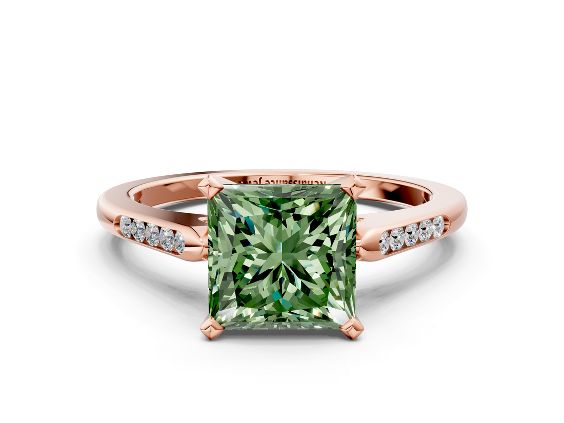 Rose gold Fancy Green Princess  Cut Channel Set Solitaire Engagement Ring with Four-Prong Setting