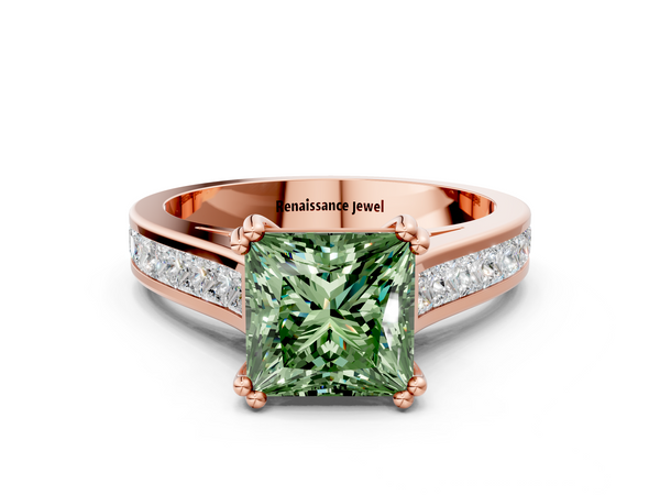 Rose Gold Princess Cut Channel Set Solitaire Engagement Ring Setting for Fancy Green Center with Double Claw Prongs