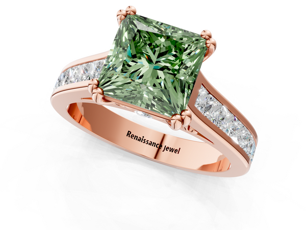 Rose Gold Princess Cut Channel Set Solitaire Engagement Ring Setting for Fancy Green Center with Double Claw Prongs