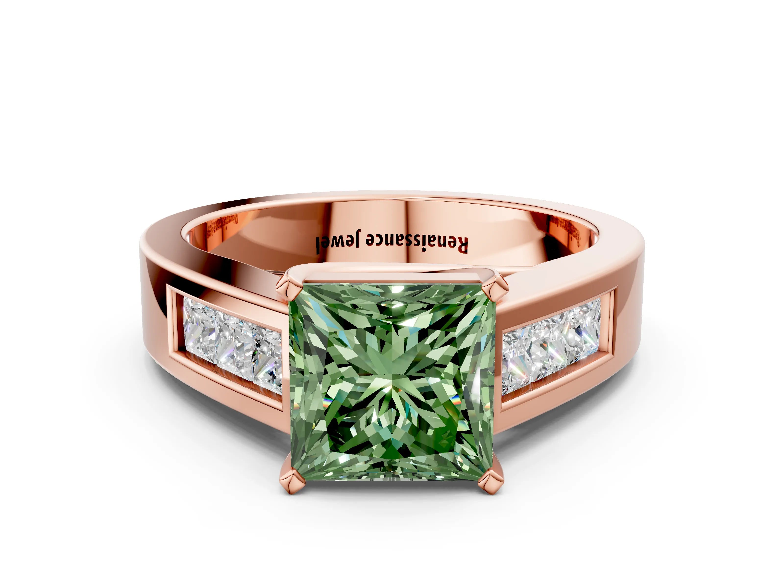 Rose gold Fancy Green Princess Cut Cut Channel Set Solitaire Ring with Four-Prong Setting