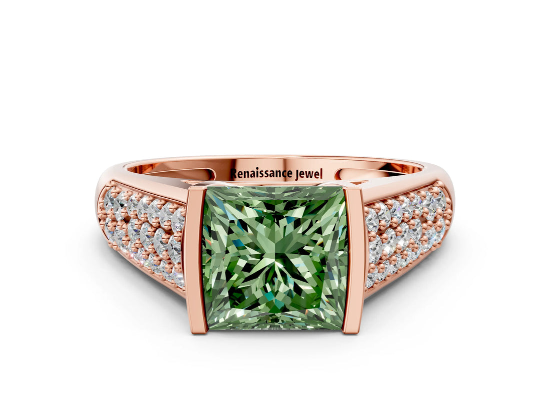Rose gold Fancy Green Princess Cut Cut Diamond Channel Set Pave Band with Tension Prong Setting