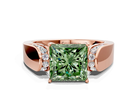 Rose gold Fancy Green Princess Cut Cut Diamond Channel Set Solitaire Ring with Four-Prong Setting