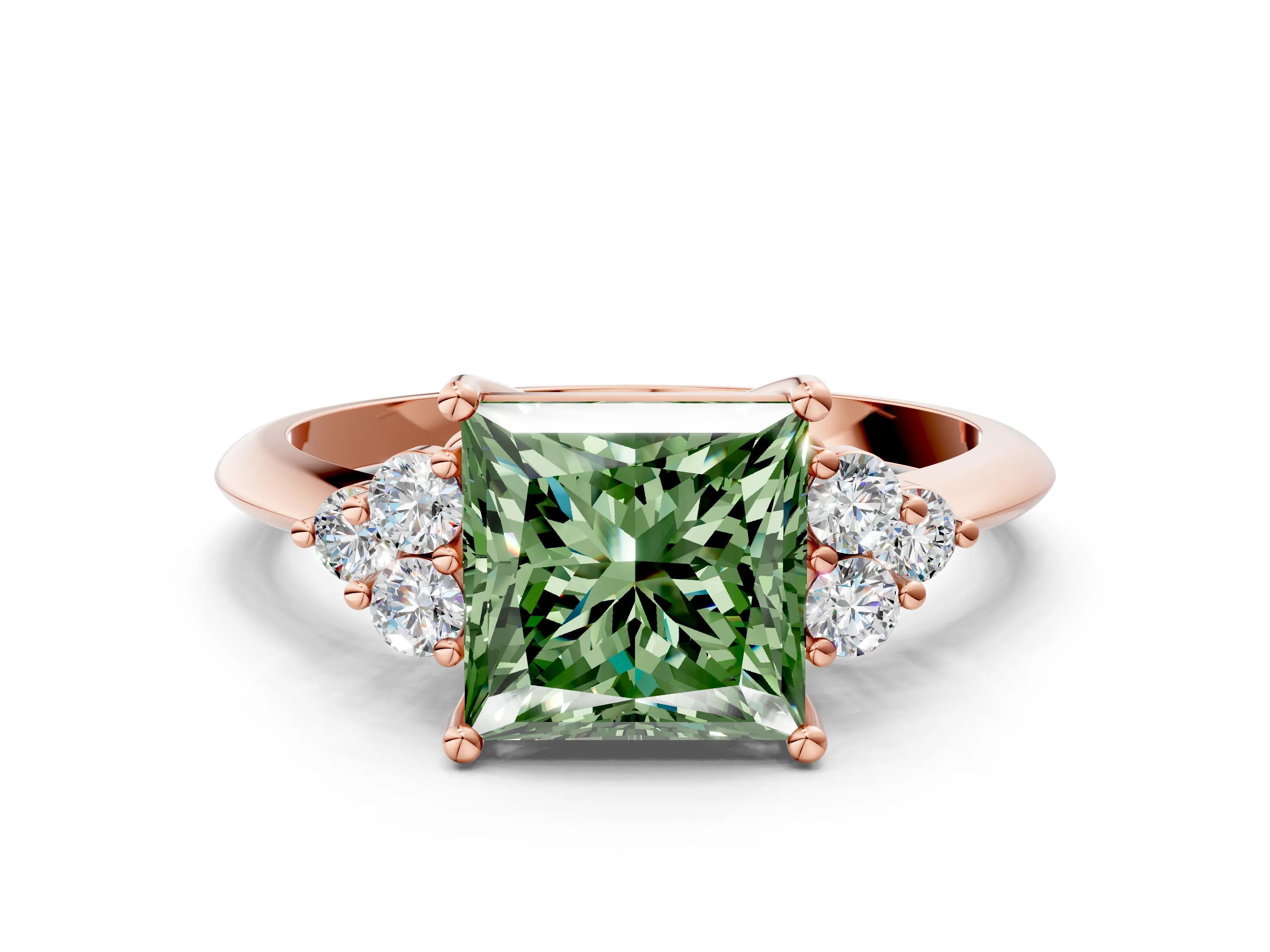 Rose gold Fancy Green Princess Cut Cut Diamond Cluster Ring with Solitaire Band and Four-Prong Setting_12