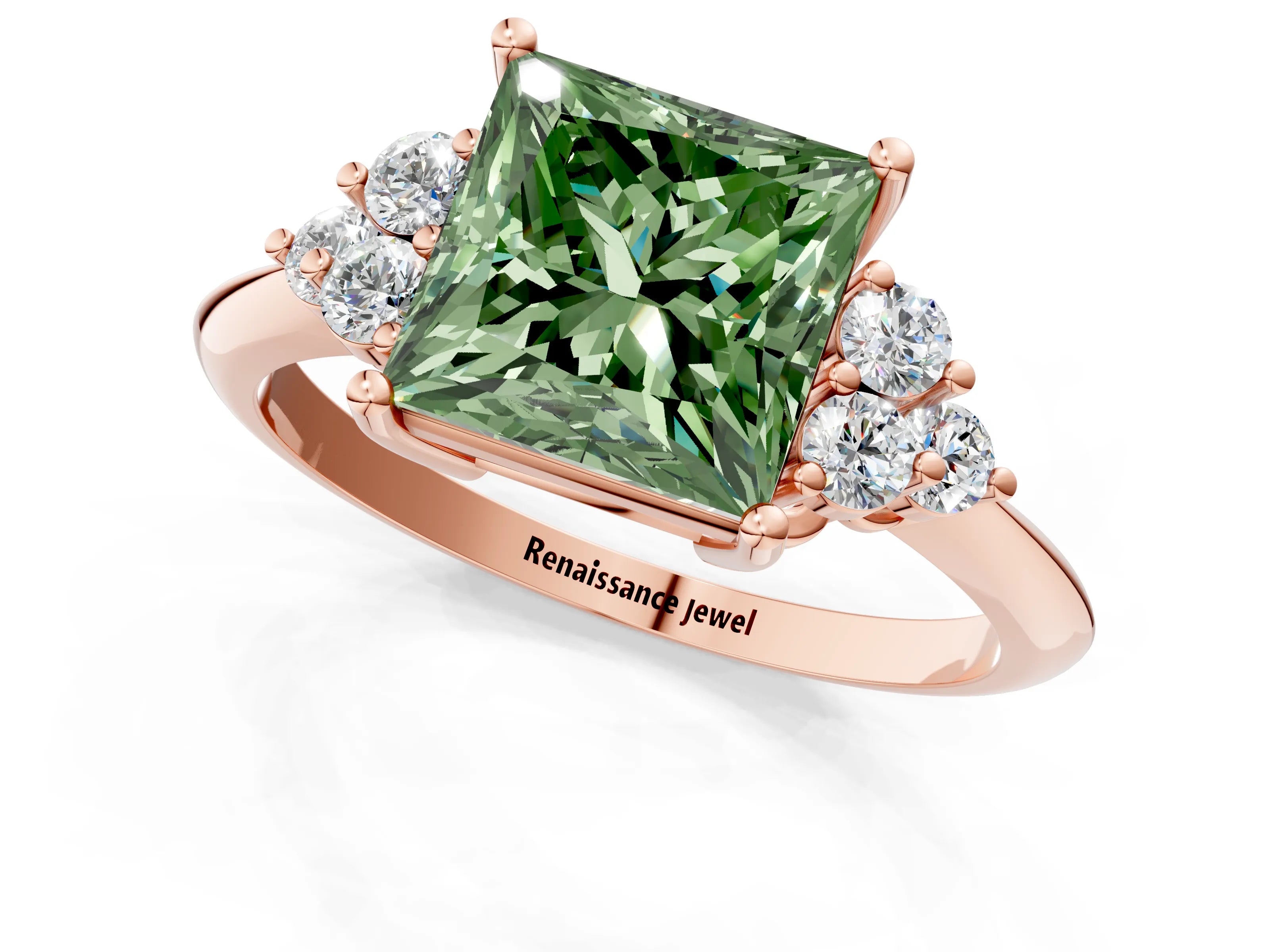 Rose gold Fancy Green Princess Cut Cut Diamond Cluster Ring with Solitaire Band and Four-Prong Setting_13