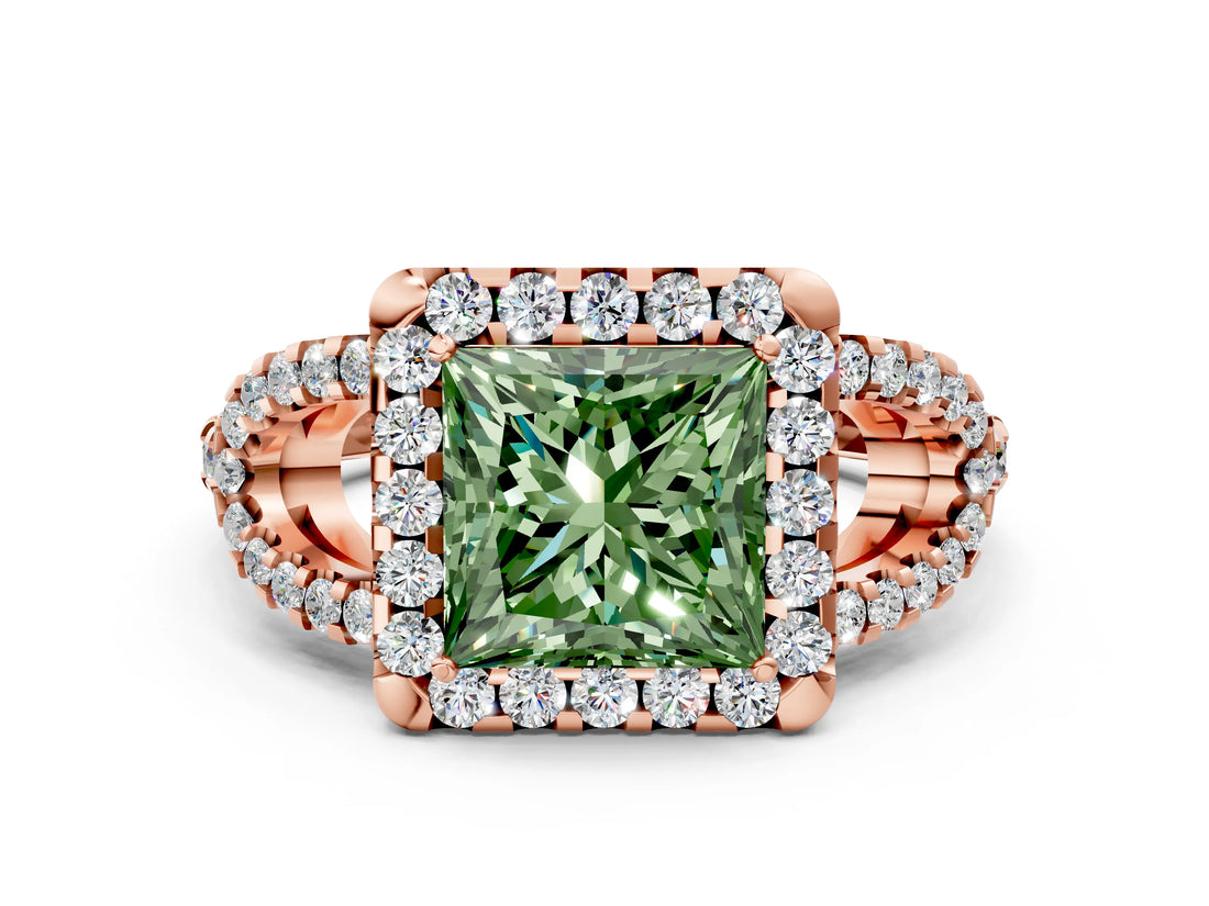 Rose gold Fancy Green Princess Cut Cut Diamond Halo Engagement Ring with Open Split Pavé Band