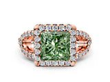 Rose gold Fancy Green Princess Cut Cut Diamond Halo Engagement Ring with Open Split Pavé Band