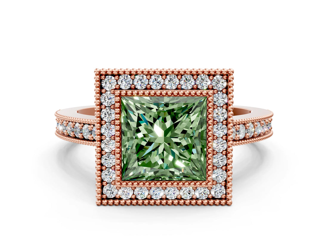 Rose gold Fancy Green Princess Cut-Cut Diamond Halo Engagement Ring with Pave Band and Prong Setting