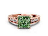 Rose gold Fancy Green Princess Cut Cut Diamond Milgrain Pave Band Four-Prong Setting Ring_3