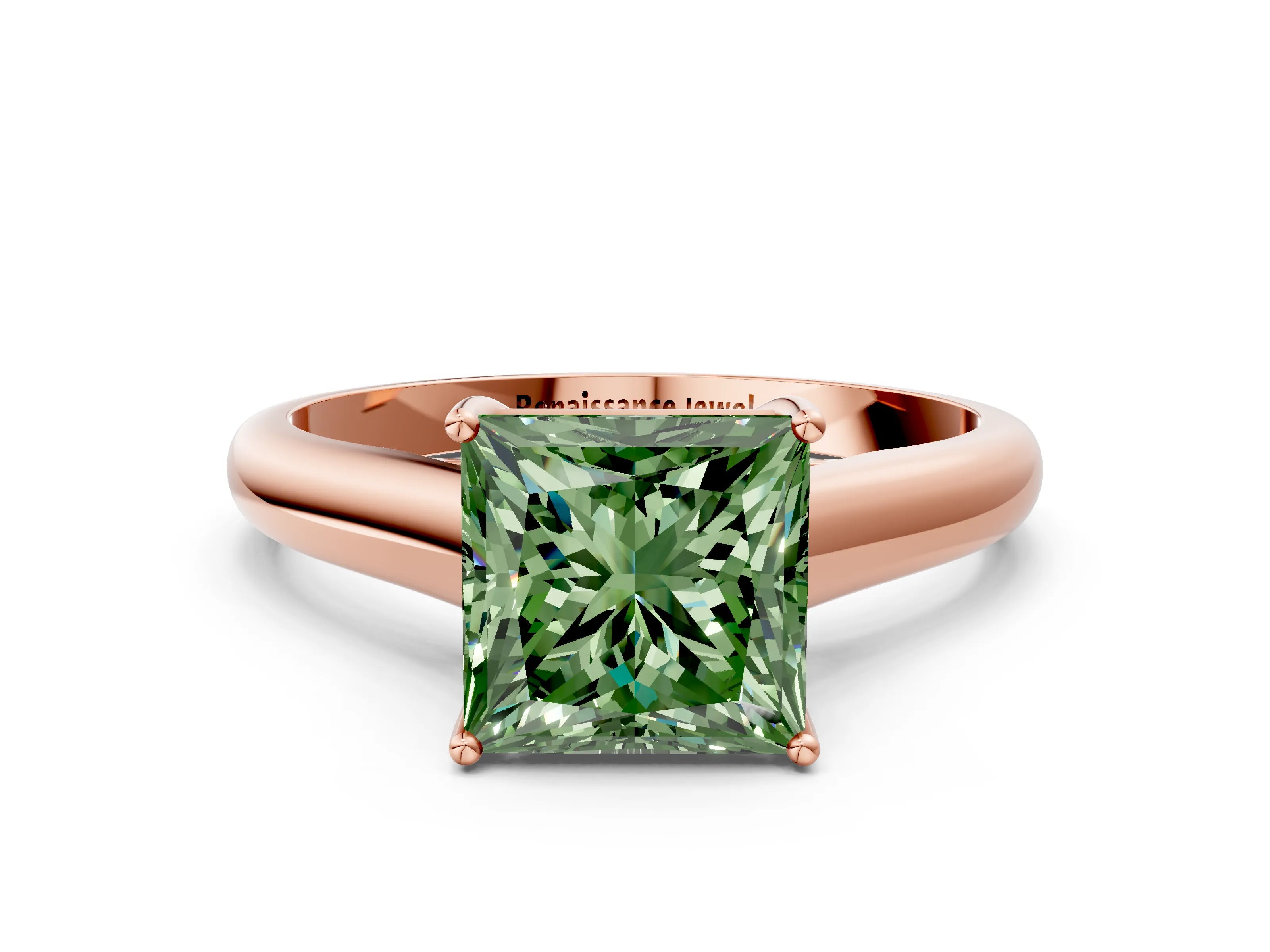 Rose gold Fancy Green Princess Cut Cut Diamond Solitaire Engagement Ring with Tapered Plain Band and Four-Prong Setting