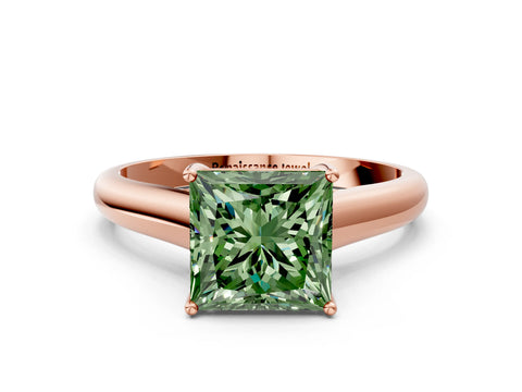 Rose gold Fancy Green Princess Cut Cut Diamond Solitaire Engagement Ring with Tapered Plain Band and Four-Prong Setting