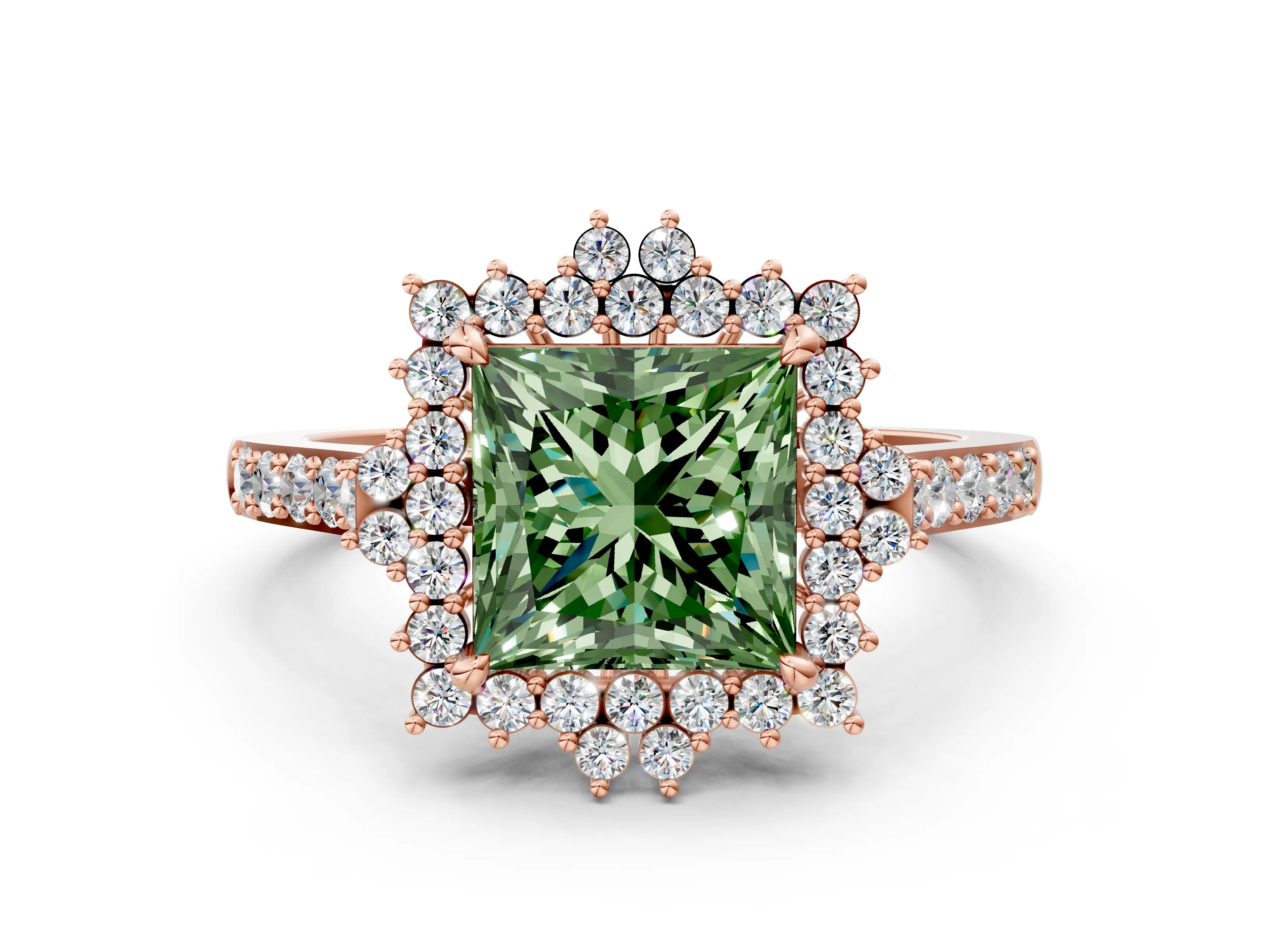 Rose gold Fancy Green Princess Cut Cut Diamond Sunburst Halo Engagement Ring with Pavé Band