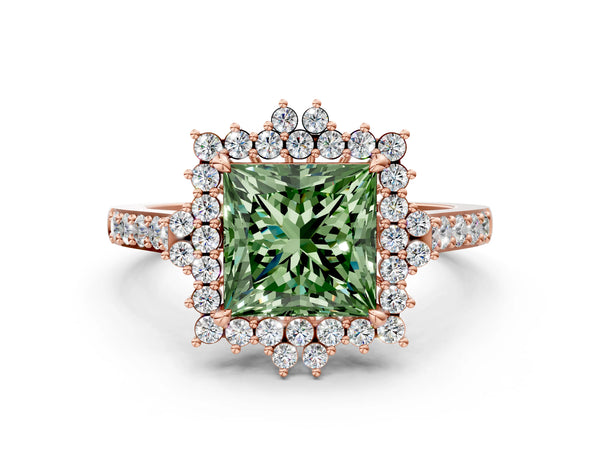 Rose gold Fancy Green Princess Cut Cut Diamond Sunburst Halo Engagement Ring with Pavé Band
