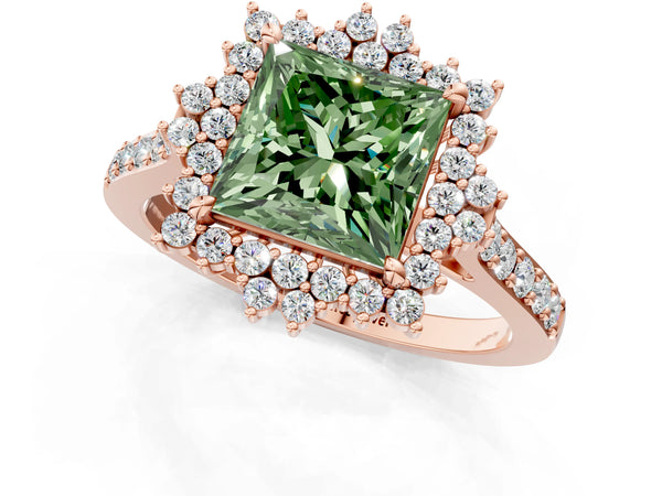 Rose gold Fancy Green Princess Cut Cut Diamond Sunburst Halo Engagement Ring with Pavé Band