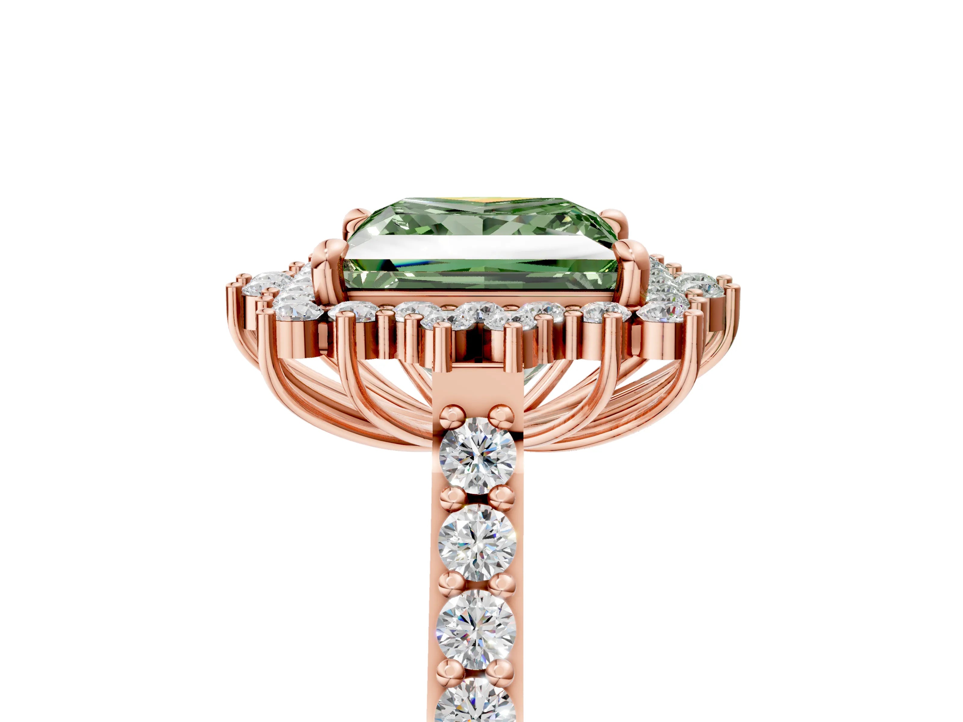 Rose gold Fancy Green Princess Cut Cut Diamond Sunburst Halo Engagement Ring with Pavé Band_5