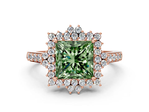 Rose gold Fancy Green Princess Cut Cut Diamond Sunburst Halo Engagement Ring with Pavé Band