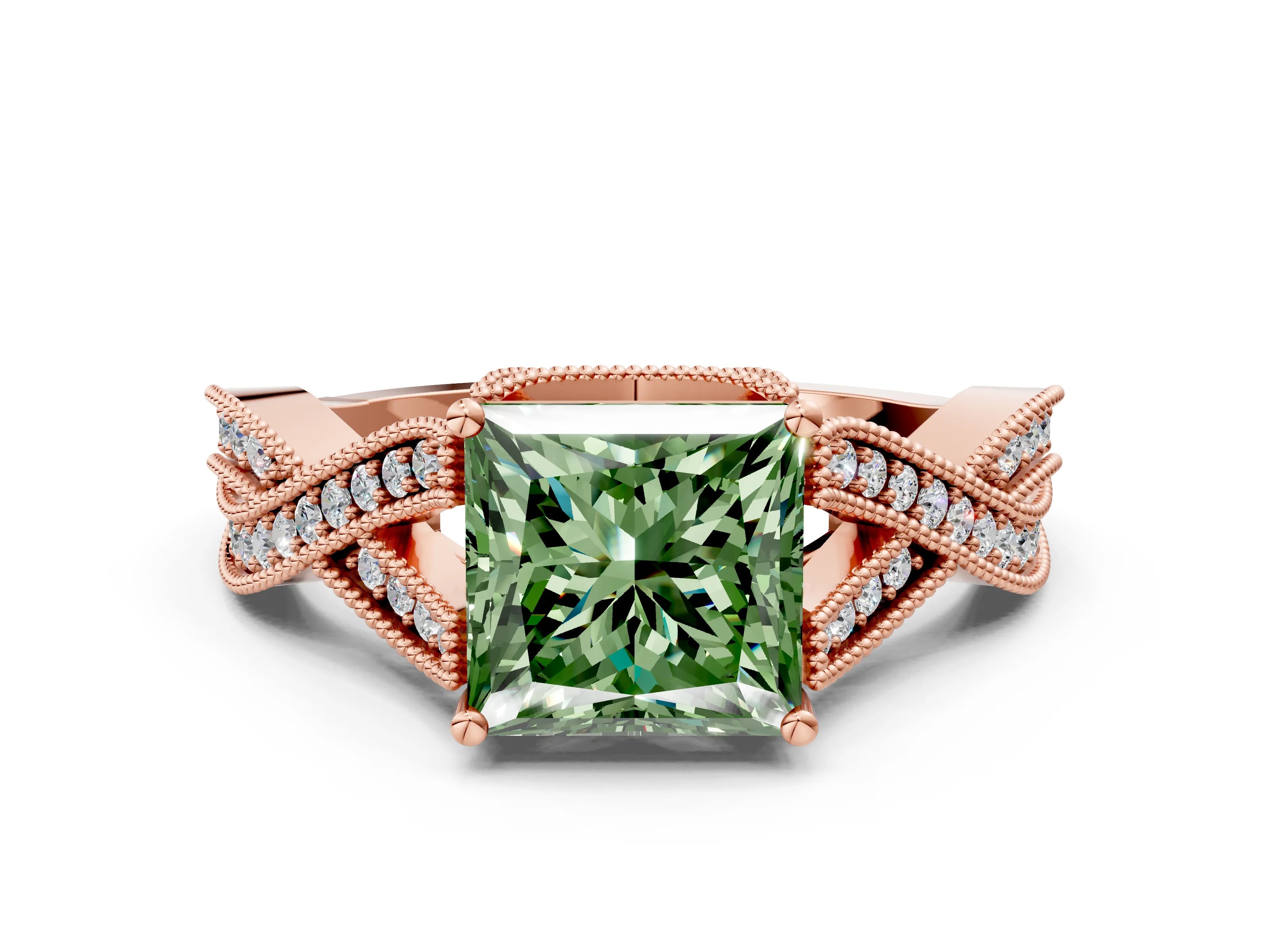 Rose gold Fancy Green Princess Cut Cut Diamond Twisted Band with Milgrain Pave Setting and Four-Prong Setting