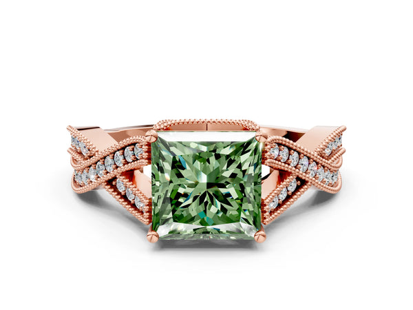 Rose gold Fancy Green Princess Cut Cut Diamond Twisted Band with Milgrain Pave Setting and Four-Prong Setting