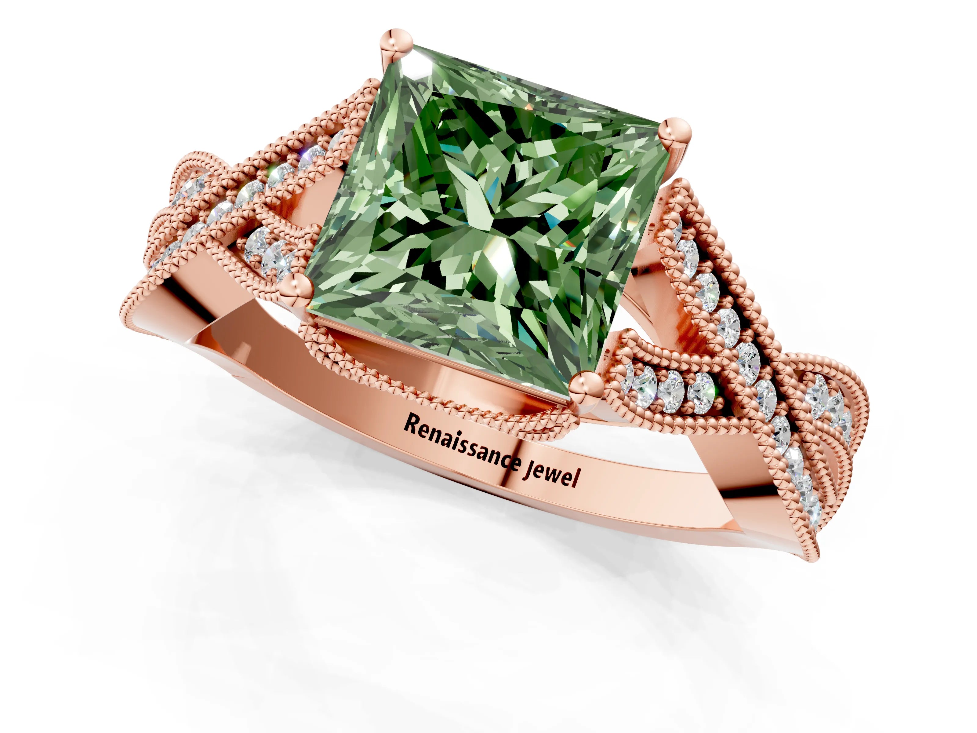 Rose gold Fancy Green Princess Cut Cut Diamond Twisted Band with Milgrain Pave Setting and Four-Prong Setting_1