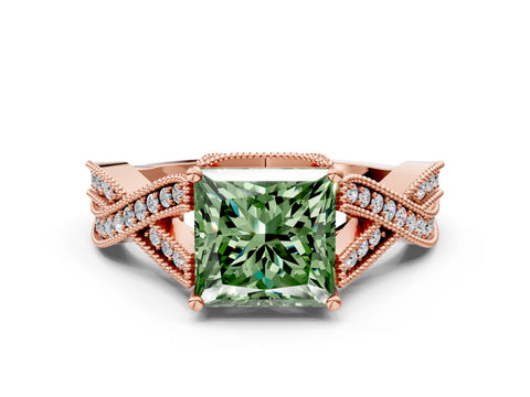 Rose gold Fancy Green Princess Cut Cut Diamond Twisted Band with Milgrain Pave Setting and Four-Prong Setting
