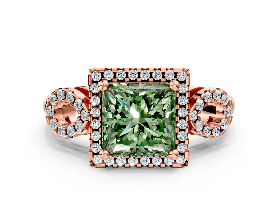 Rose gold Fancy Green Princess Cut Cut Halo Diamond Infinity Band with Four-Prong Setting