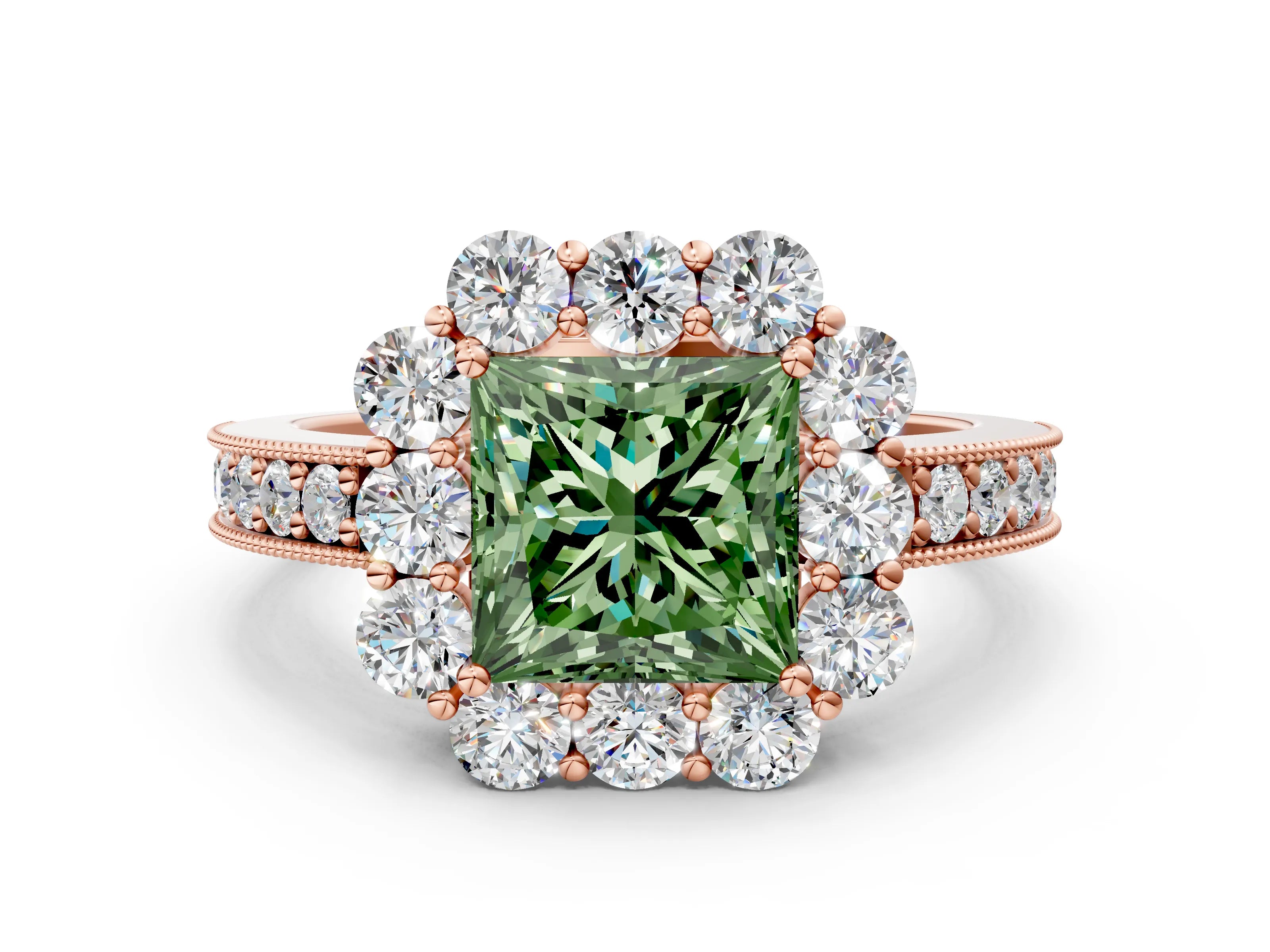 Rose gold Fancy Green Princess Cut Cut Halo Diamond Pavé Engagement Ring with Milgrain Detailing