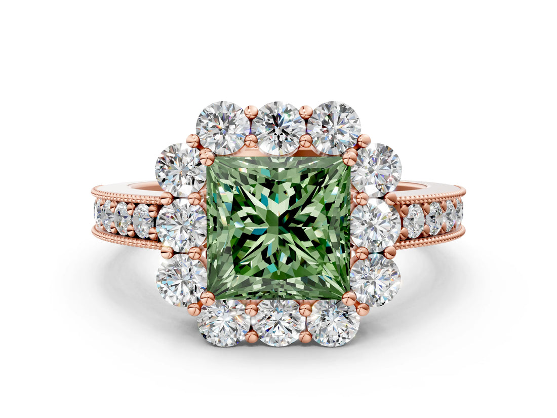 Rose gold Fancy Green Princess Cut Cut Halo Diamond Pavé Engagement Ring with Milgrain Detailing