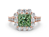 Rose gold Fancy Green Princess Cut Cut Halo Diamond Pavé Engagement Ring with Milgrain Detailing