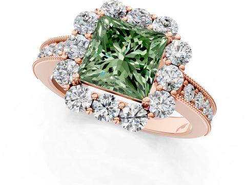 Rose gold Fancy Green Princess Cut Cut Halo Diamond Pavé Engagement Ring with Milgrain Detailing_1