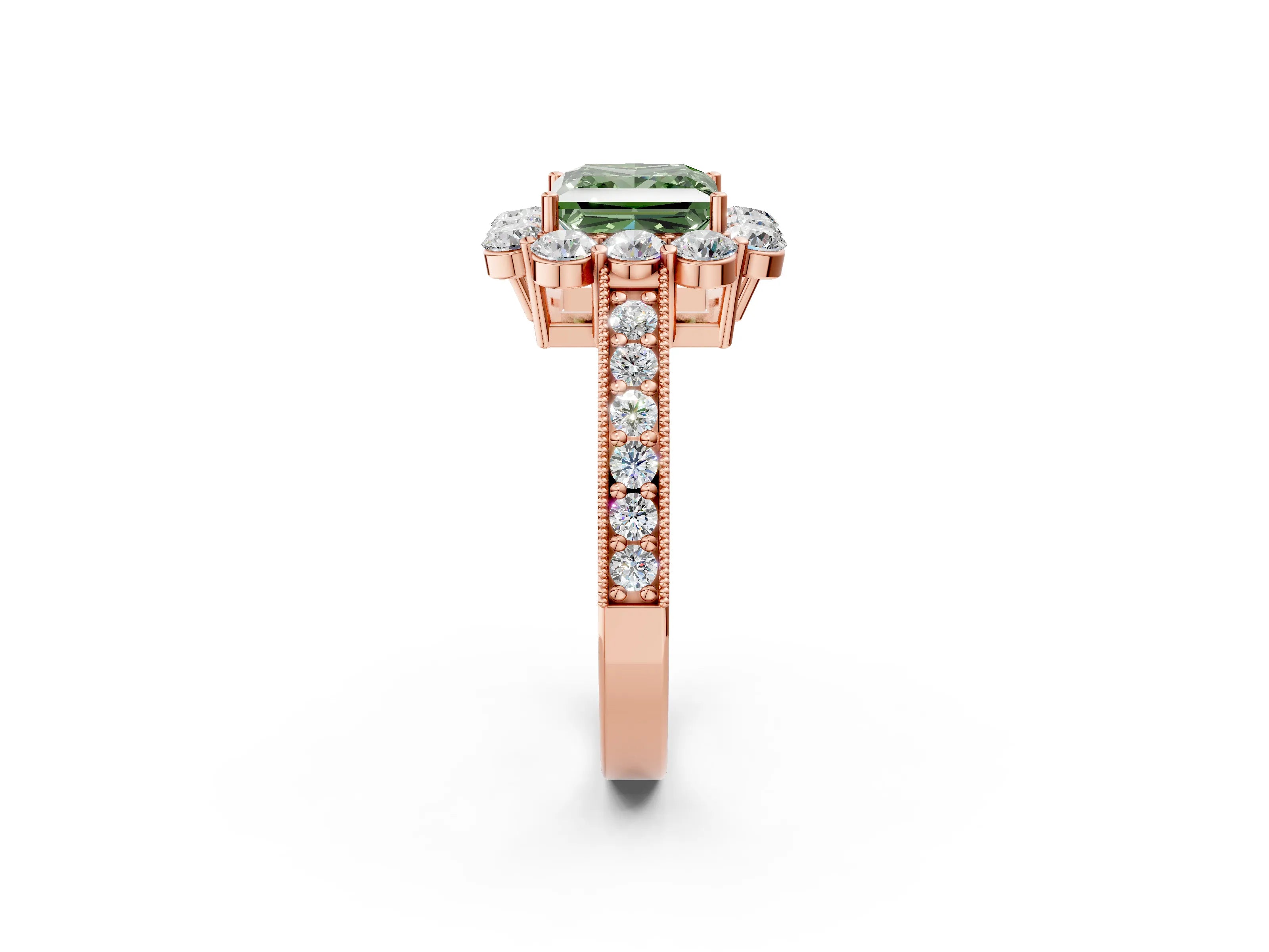 Rose gold Fancy Green Princess Cut Cut Halo Diamond Pavé Engagement Ring with Milgrain Detailing_2
