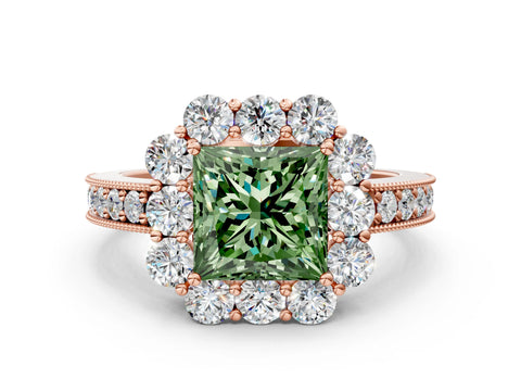 Rose gold Fancy Green Princess Cut Cut Halo Diamond Pavé Engagement Ring with Milgrain Detailing