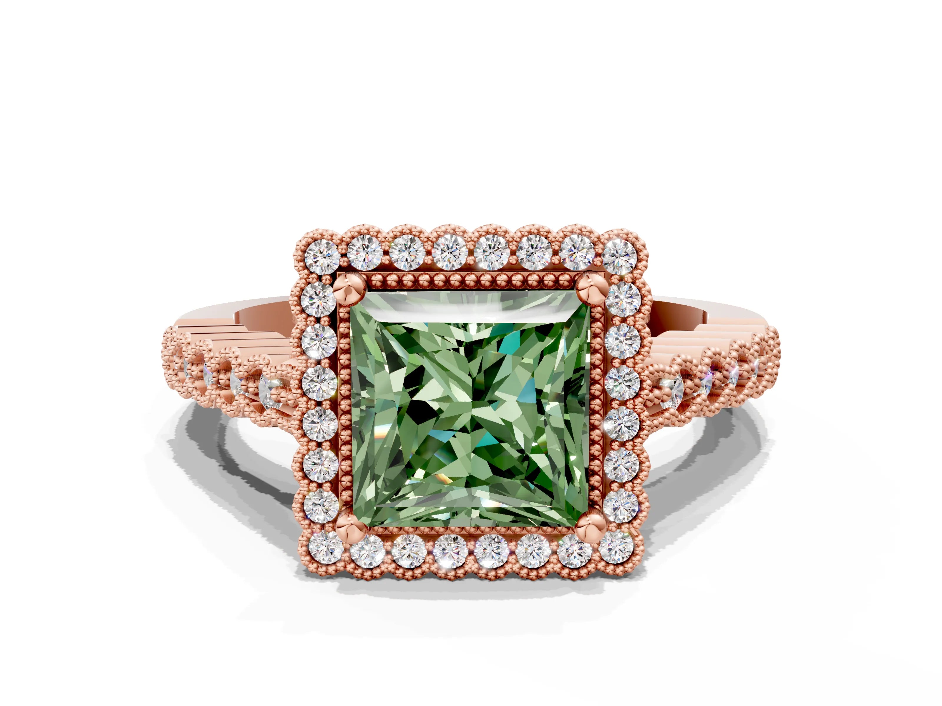 Rose gold Fancy Green Princess Cut Cut Halo Pavé Solitaire Ring with Milgrain Band