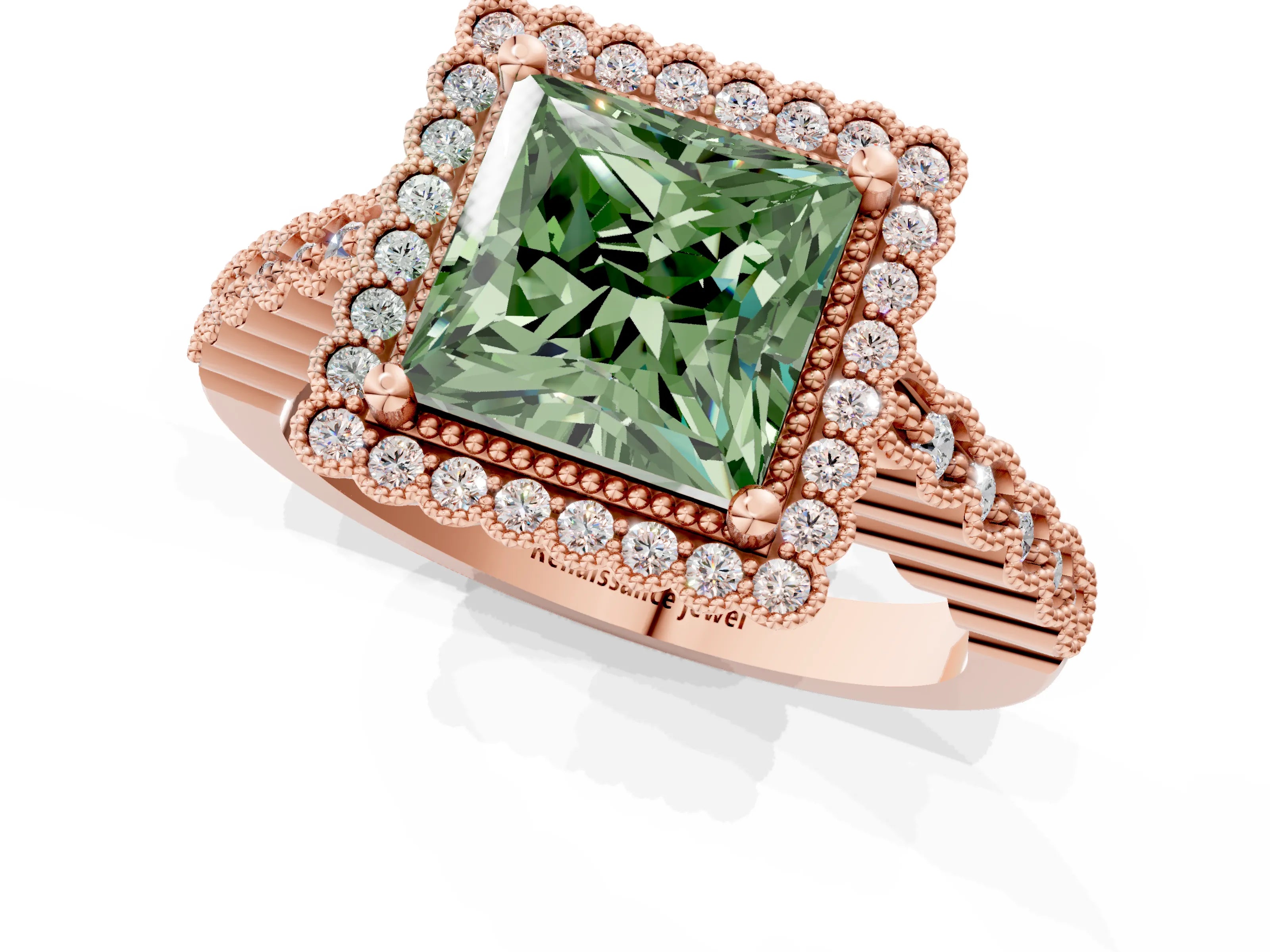Rose gold Fancy Green Princess Cut Cut Halo Pavé Solitaire Ring with Milgrain Band_1