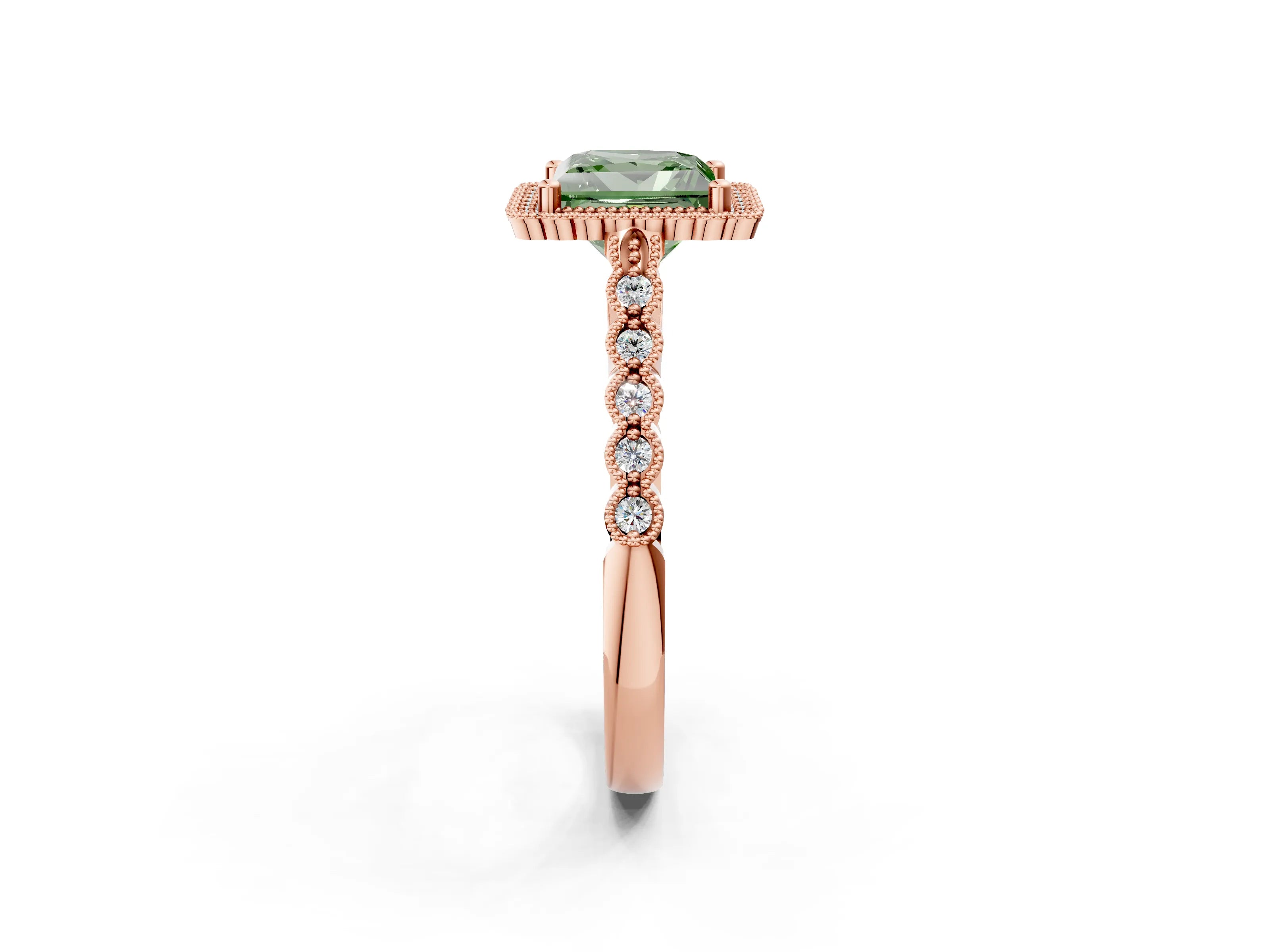 Rose gold Fancy Green Princess Cut Cut Halo Pavé Solitaire Ring with Milgrain Band_2