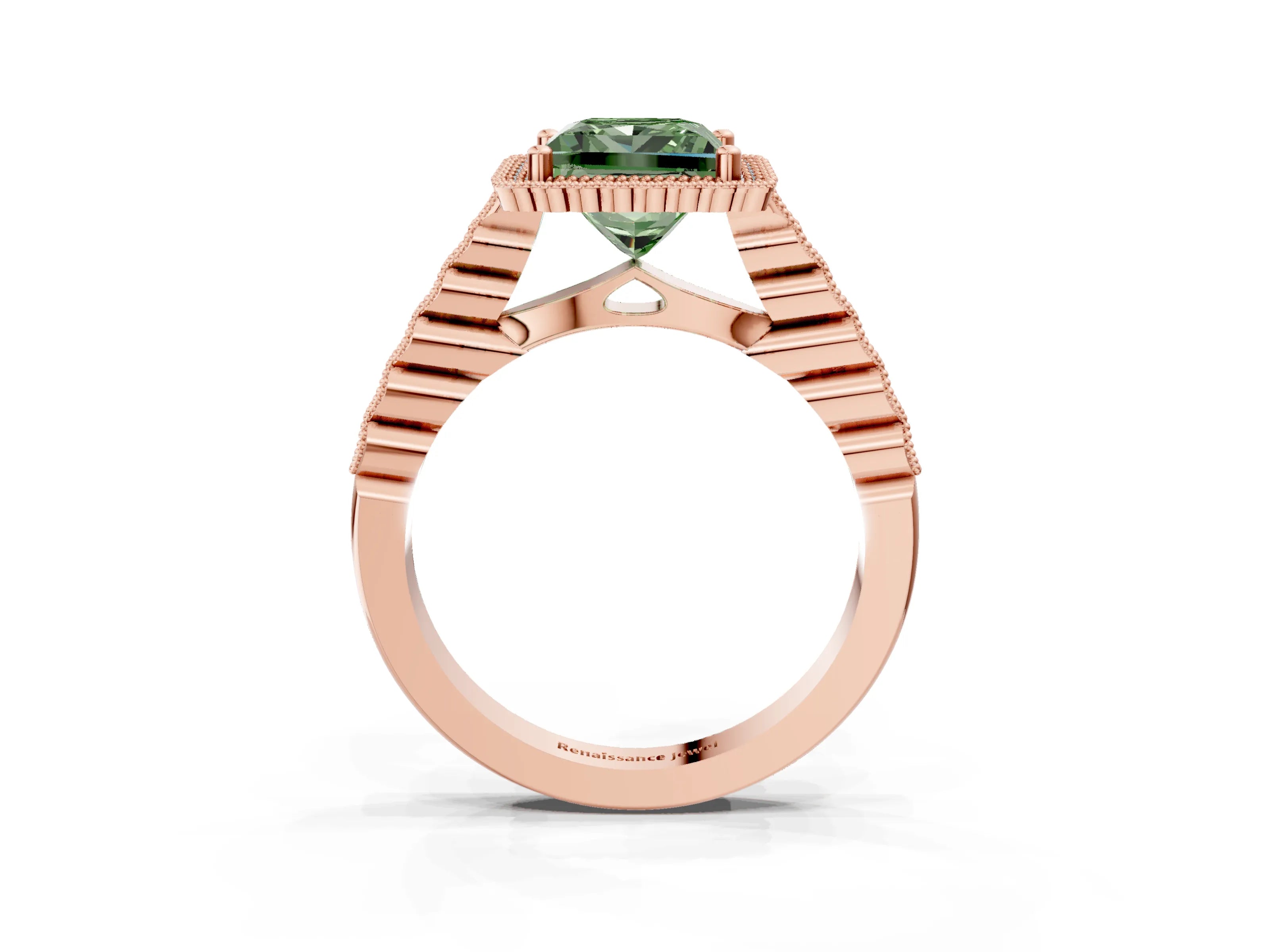 Rose gold Fancy Green Princess Cut Cut Halo Pavé Solitaire Ring with Milgrain Band_3