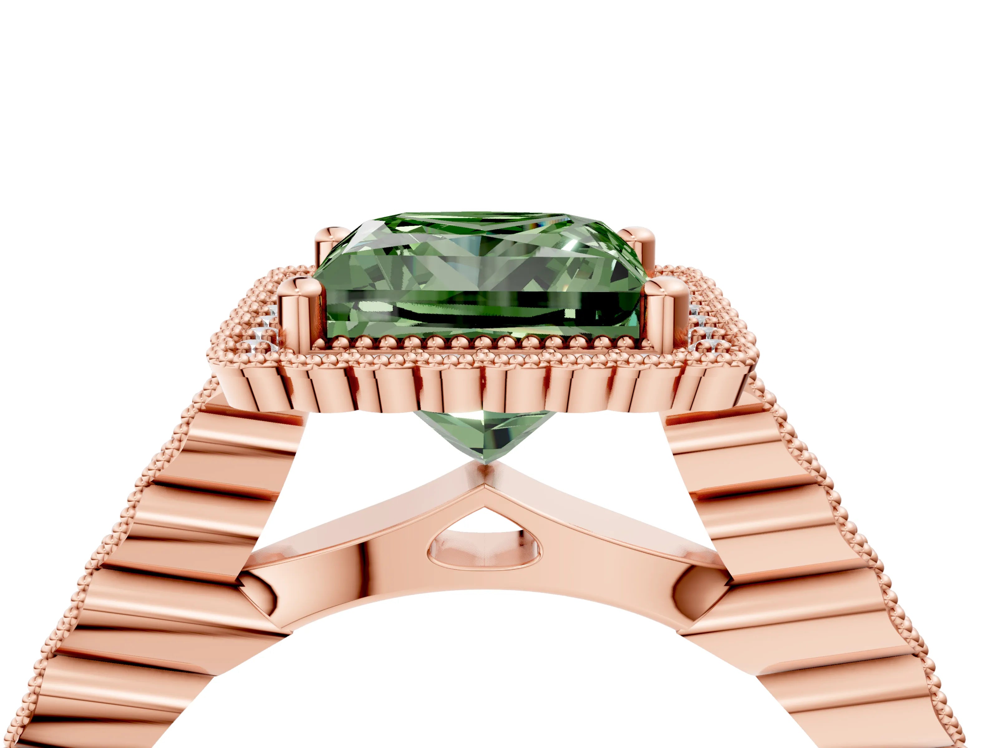 Rose gold Fancy Green Princess Cut Cut Halo Pavé Solitaire Ring with Milgrain Band_4
