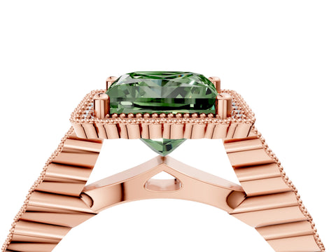 Rose gold Fancy Green Princess Cut Cut Halo Pavé Solitaire Ring with Milgrain Band_4