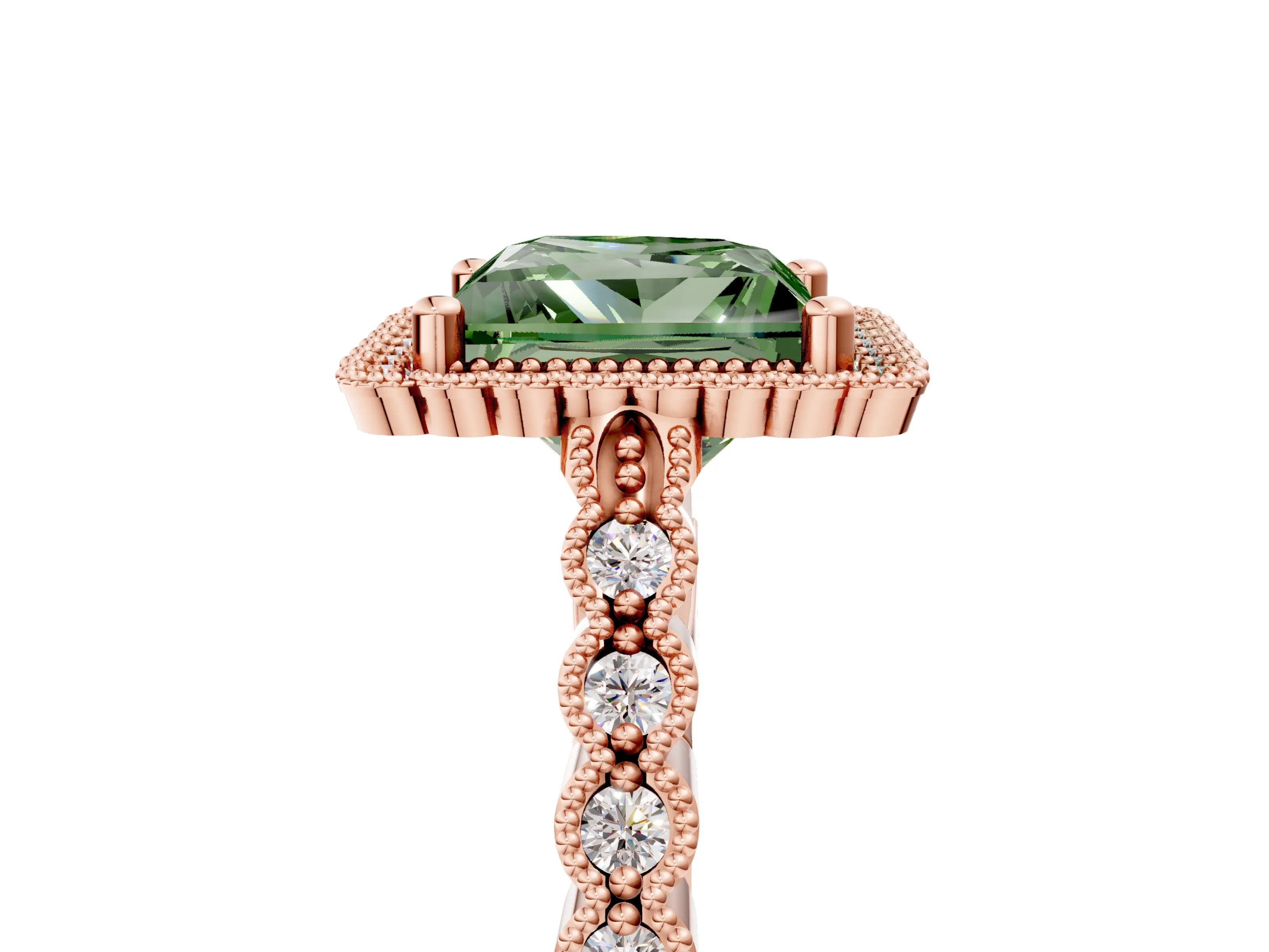 Rose gold Fancy Green Princess Cut Cut Halo Pavé Solitaire Ring with Milgrain Band_5