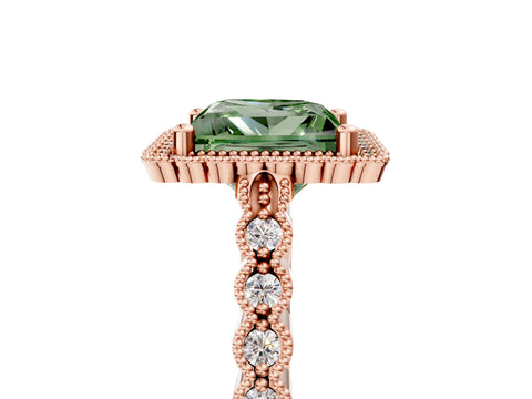Rose gold Fancy Green Princess Cut Cut Halo Pavé Solitaire Ring with Milgrain Band_5