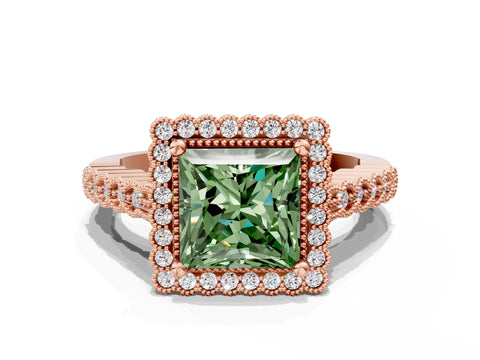 Rose gold Fancy Green Princess Cut Cut Halo Pavé Solitaire Ring with Milgrain Band
