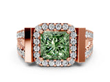 Rose gold Fancy Green Princess Cut Cut Halo Split Shank Prong Set Ring