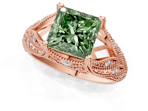 Rose gold Fancy Green Princess Cut Cut Milgrain Pave Diamond Engagement Ring with Four-Prong Setting
