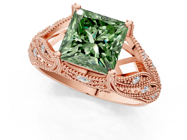 Rose gold Fancy Green Princess Cut Cut Milgrain Pave Diamond Engagement Ring with Four-Prong Setting