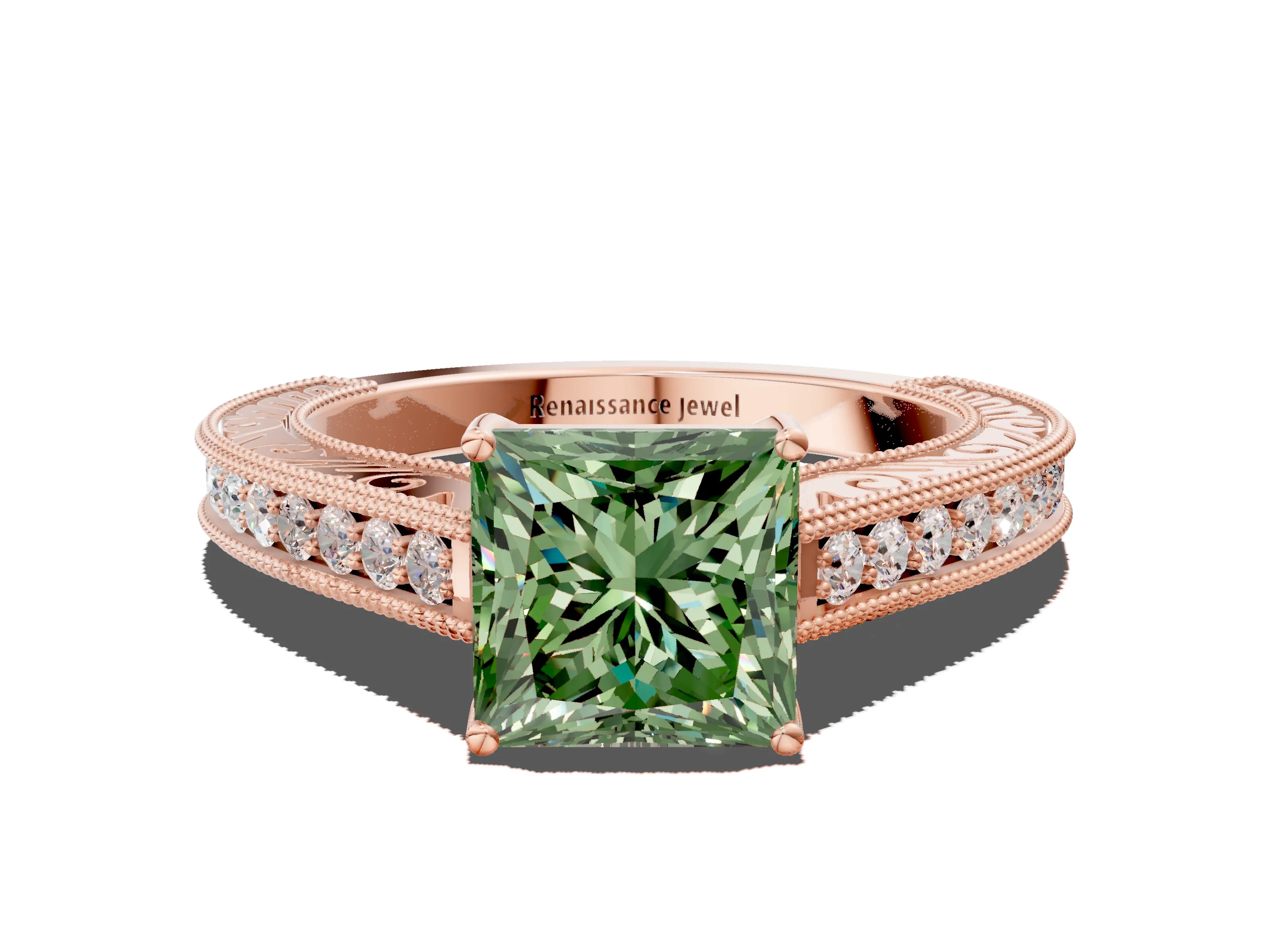 Rose gold Fancy Green Princess Cut Cut Pave Band Milgrain Solitaire Ring