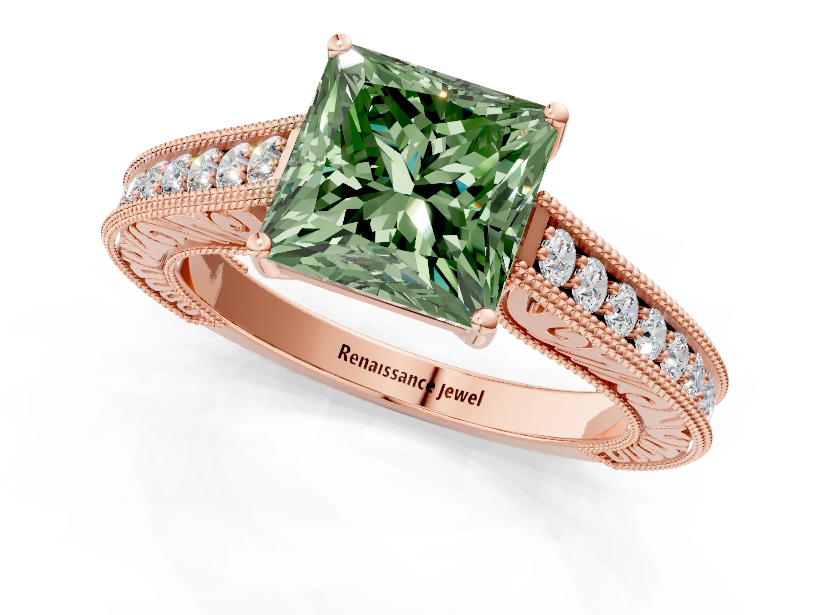 Rose gold Fancy Green Princess Cut Cut Pave Band Milgrain Solitaire Ring_1