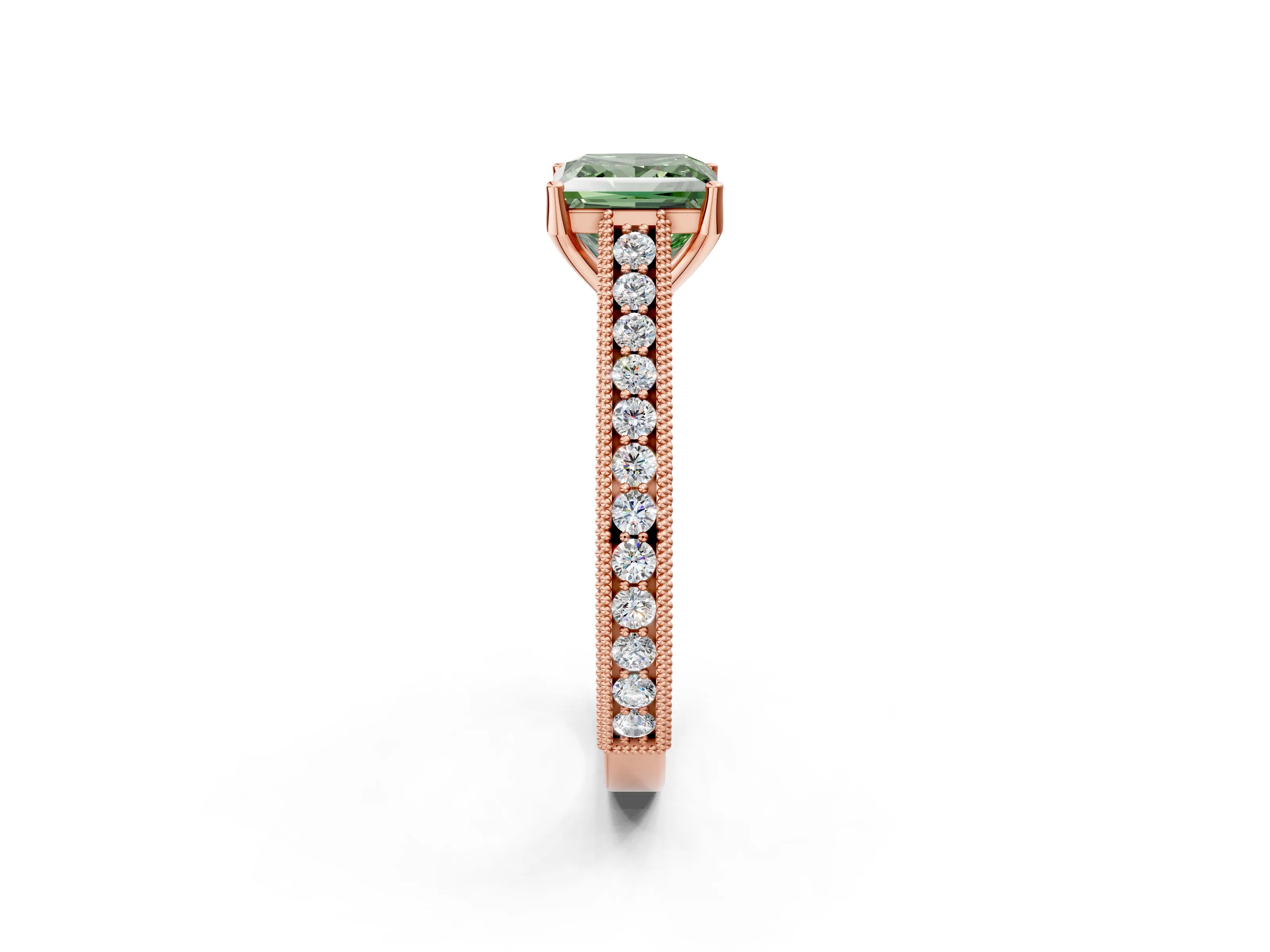 Rose gold Fancy Green Princess Cut Cut Pave Band Milgrain Solitaire Ring_2