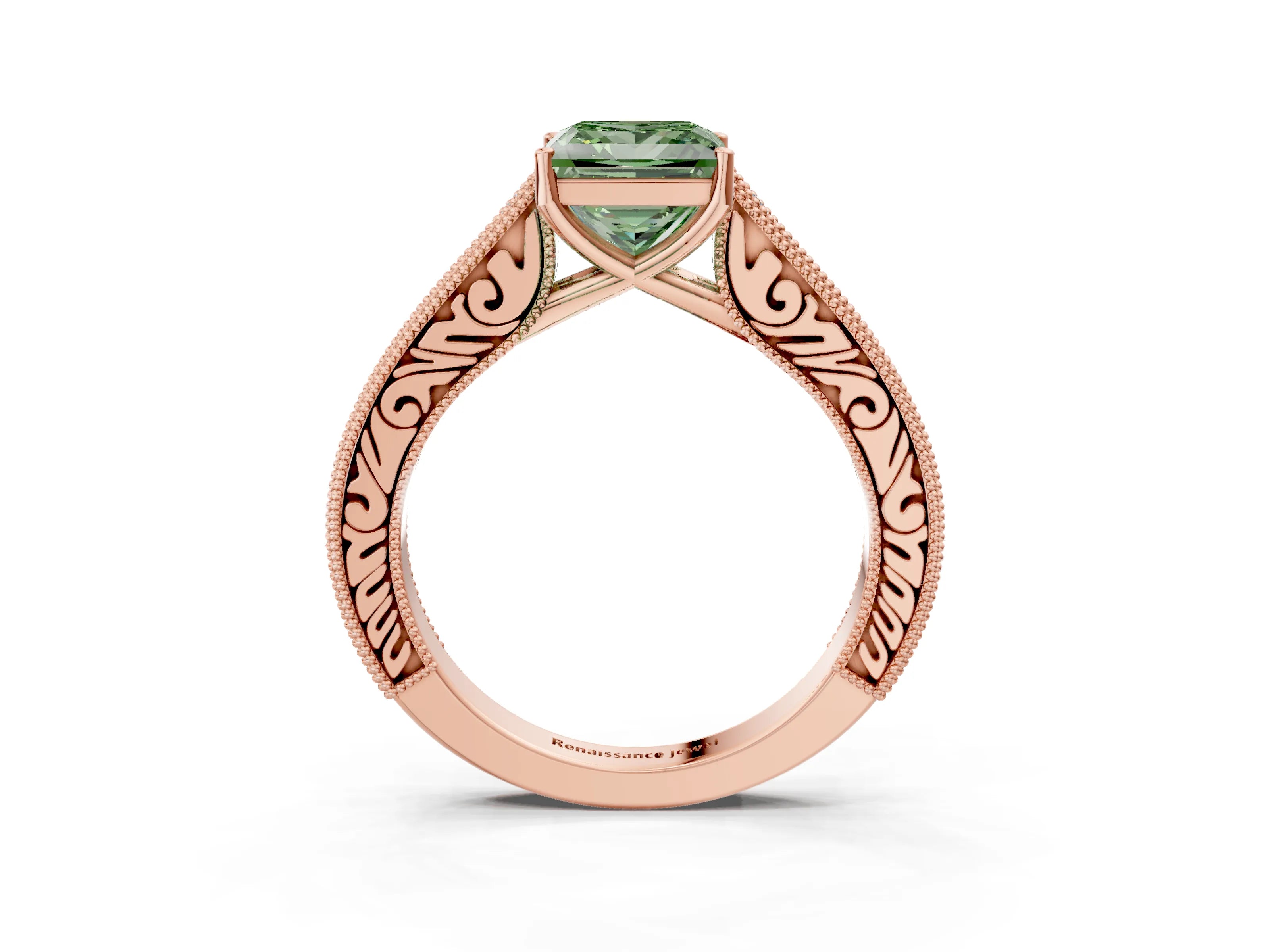 Rose gold Fancy Green Princess Cut Cut Pave Band Milgrain Solitaire Ring_3