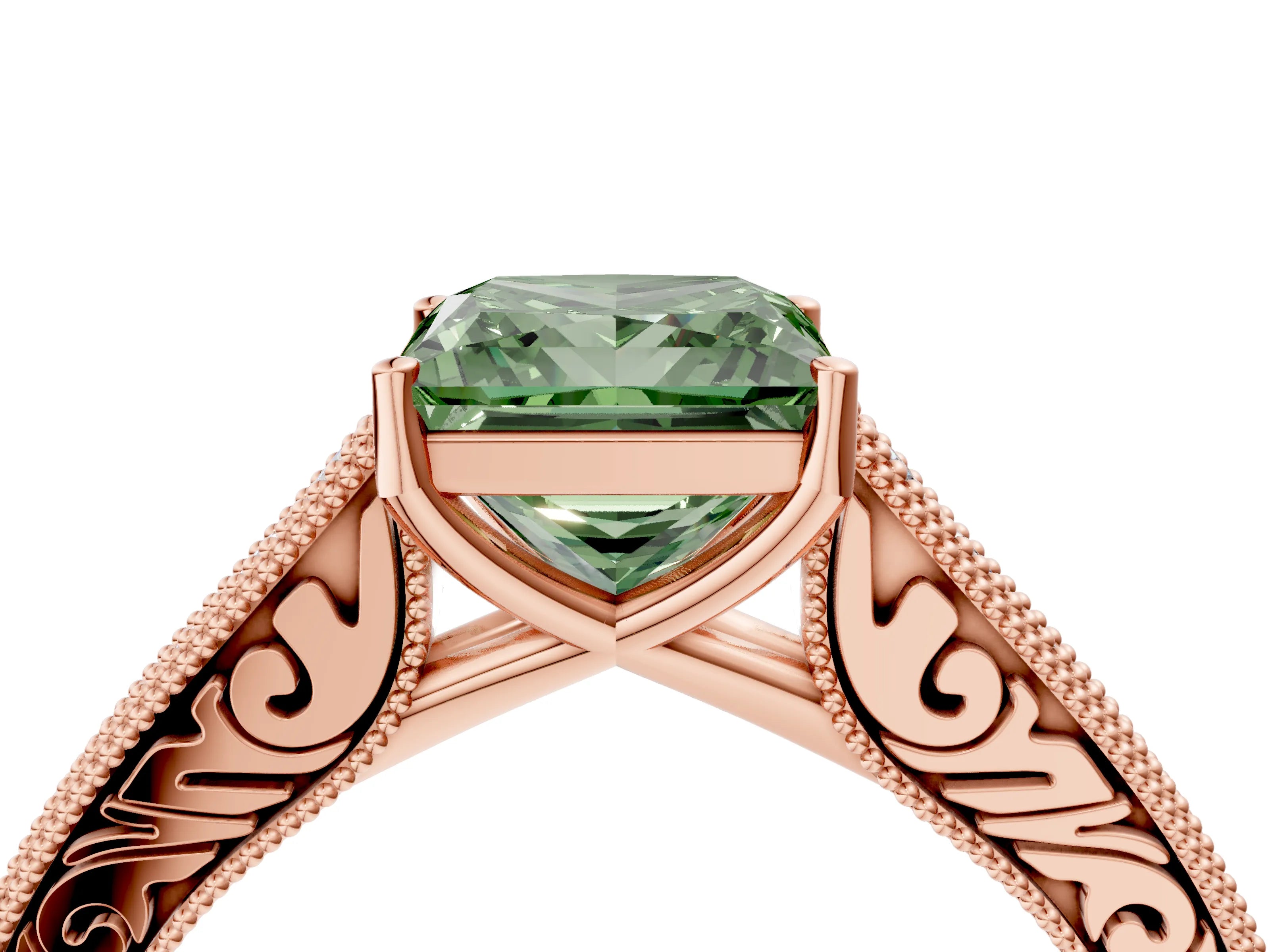 Rose gold Fancy Green Princess Cut Cut Pave Band Milgrain Solitaire Ring_4