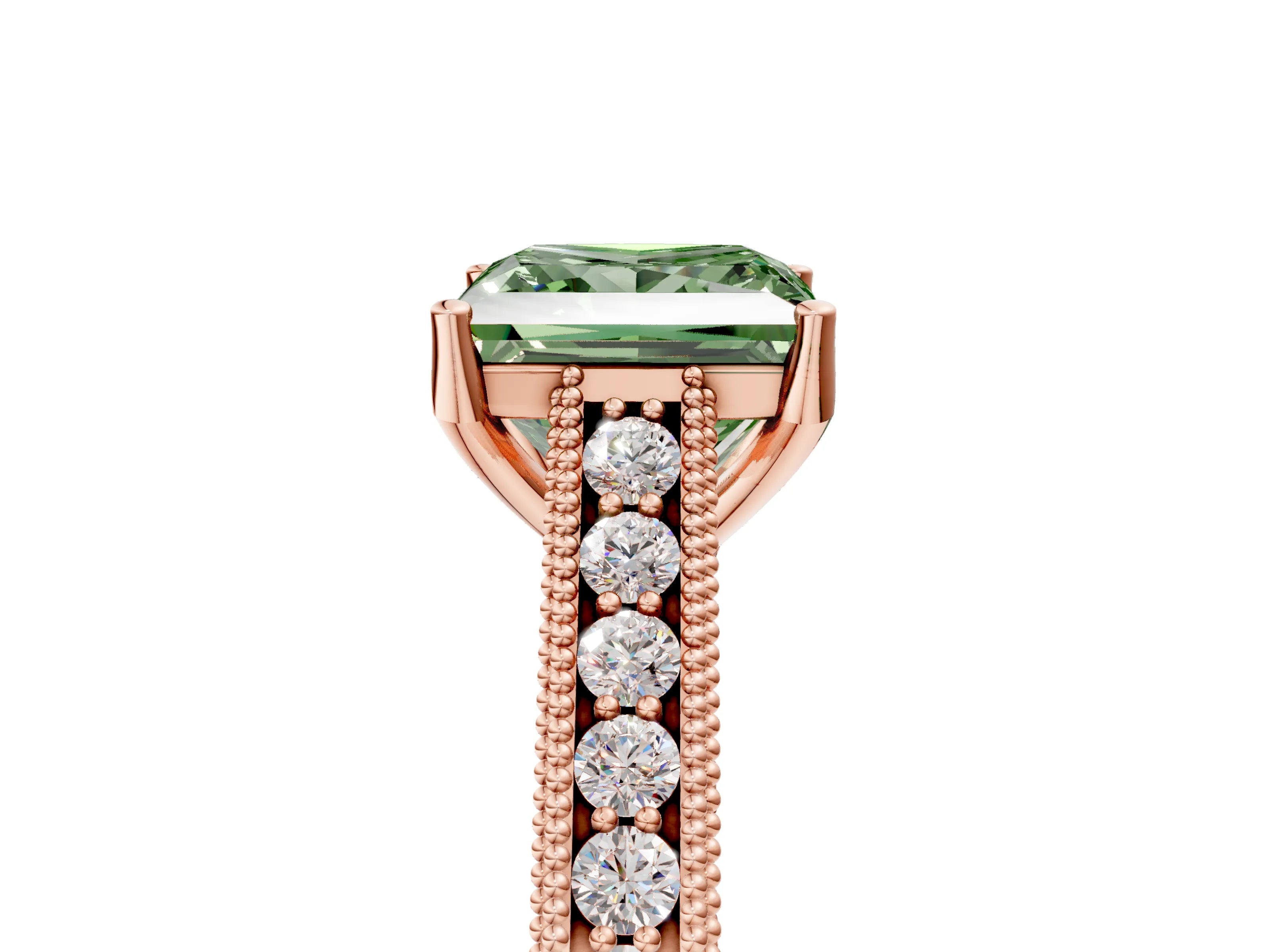 Rose gold Fancy Green Princess Cut Cut Pave Band Milgrain Solitaire Ring_5